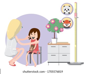 
The doctor gives a pill to a girl child in the pediatrician's office. Nearby is a cabinet with a pot and a growth meter. On the wall hang carnites of animals