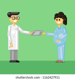 The doctor gives the pregnant woman the result of a medical examination. Vector illustration