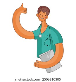 A doctor gives a thumbs up with a chart in a friendly hospital setting