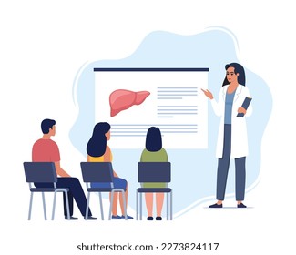Doctor gives a training lecture about anatomy for students. Doctor presenting human liver infographics. Online medical seminar, lecture, healthcare meeting concept. Vector illustration