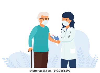 Doctor gives vaccine against virus to elderly man. Covid vaccination concept, flu injection, health prevention and immunization.