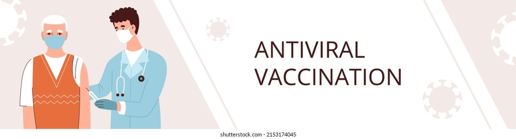 El médico le da la vacuna a un anciano. Vacunación y atención de la salud de los ancianos durante la pandemia del coronavirus, antirretroviral. Plantilla de banner.Ilustración vectorial plana