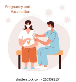The doctor gives the vaccine to a pregnant woman. Vaccination and maternal health care during the coronavirus pandemic, antiviral medicine. Flat vector illustration