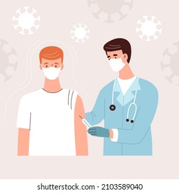 The doctor gives the vaccine to a young man. Vaccination and health care during the coronavirus epidemic, antiviral medicine. Flat vector illustration