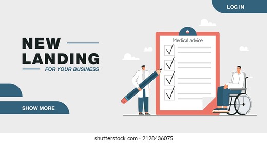 Doctor giving advice to patient with disability flat vector illustration. Medic using pen ticking points in check list for treatment. Medical check up, diagnostics, health care system support concept