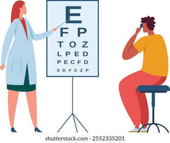 Médico que da un examen ocular a un paciente en una clínica, utilizando una tabla ocular para comprobar la visión. Importante para la salud ocular y el bienestar general