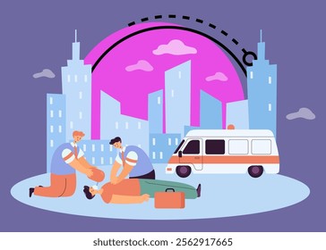 Doctor giving first medical aid to unconscious person after accident with city in background. Medical assistant training how to give cardiopulmonary resuscitation flat vector illustration. CPR concept