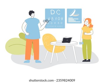 Doctor giving glasses to crying girl with contact lenses. Harm of contact lenses, child at optometrist appointment vector illustration. Eyesight, healthcare, medicine, optometry concept