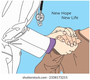 Doctor giving hope. Close up shot of young female physician leaning forward to smiling elderly lady patient holding her hand in palms. Vector illustration, Line Art