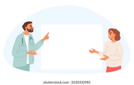 Doctor giving medical advice to female patient in front of white blank poster. People show at placard. Clinic consultation. Appointment with physician. Medicine