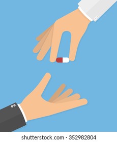 Doctor giving medicine pill to his patient concept. Hand giving medicine pill to another hand. Flat style