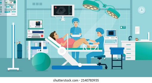 A doctor is giving a natural birth to a pregnant woman.
