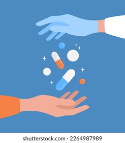 The doctor giving the patient pills and capsules. Two hands and medicines on a blue background. Vector illustration in flat style