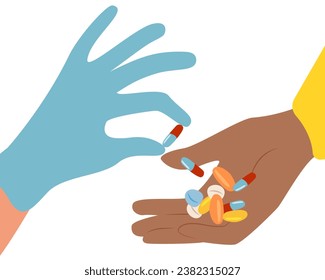 The doctor giving the patient pills and capsules. Two hands and medicines on a white background. Vector illustration in flat style