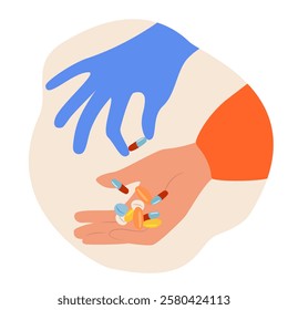 The doctor giving the patient pills and capsules. Two hands and medicines on a white background. Vector illustration.