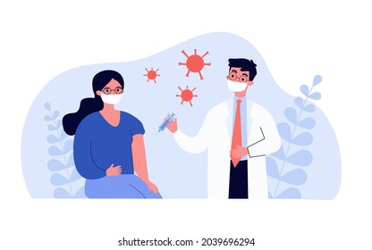 Doctor giving patient vaccine against coronavirus. Flat vector illustration. Woman and man wearing masks, participating in vaccination process. Medicine, vaccination, immunity, COVID19 concept