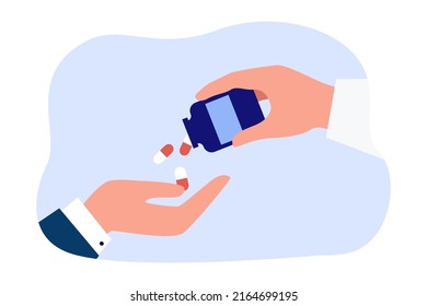 Doctor giving pills to patient flat vector illustration. Therapist prescribing medications to treat disease. Healthcare, medicine concept for banner, website design or landing web page