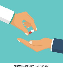 Doctor giving pills patient. Vector illustration flat style design. Holding capsule in hands. Healthcare concept. Take painkillers drugs. Medications in palm. Isolated on background. Medicine