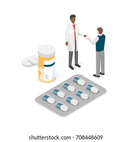 Doctor giving a prescription medicine to a patient: medicine and healthcare concept