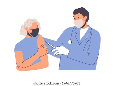 Doctor giving a senior woman a vaccination. Woman wearing face mask getting vaccinated, coronavirus, covid-19. Vaccinating old patient in clinic. Medical worker giving injection to woman.