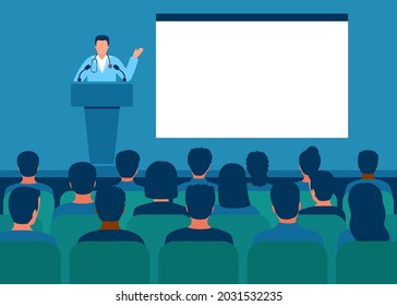 Doctor giving speech on conference, medicine seminar from tribune with microphone for audience. Medicine healthcare. People group on conference meeting, presentation of medical science in hall. Vector