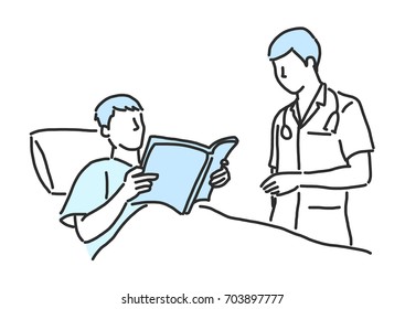 A doctor is giving treatment to a patient. line drawing. hand drawn. vector illustration.