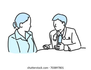 A Doctor Is Giving Treatment To A Patient. Line Drawing. Hand Drawn. Vector Illustration.