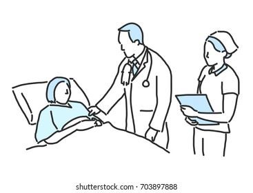 A doctor is giving treatment to a patient. line drawing. hand drawn. vector illustration.