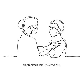 Doctor giving vaccination shot to man woman COVID-19. Continuous one line drawing. Vector illustration