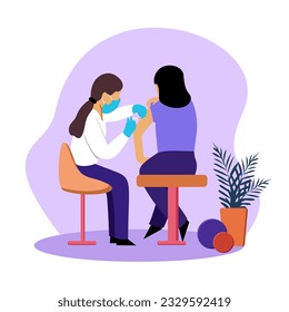Doctor giving vaccination to woman. Human clinical trials vaccination shot. Protection from pandemic outbreak. Concept of protection from pandemic outbreak. Vector flat illustration in purple colors