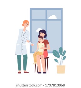 Doctor giving vaccine to child with parent - cartoon woman with syringe doing flu shot to boy sitting with his mother. Isolated vector illustration of kid vaccination.