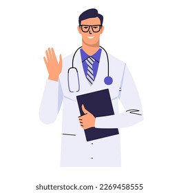 El doctor en gafas saluda con su mano. Contiene un portapapeles y ondas. Un gesto acogedor. Un hombre con estetoscopio y con un abrigo blanco, aislado en blanco. Vector plano.