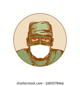 The doctor in glasses and a mask. Round icon, emblem, icon, symbol. Vector illustration