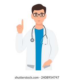 A doctor in glasses points his index finger up.General practitioner in medical uniform with stethoscope. Vector illustration