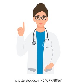 A doctor in glasses points his index finger up.General practitioner in medical uniform with stethoscope. Vector illustration