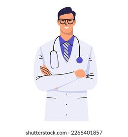 The doctor in glasses is standing with his arms crossed. A medical worker in a white coat, tie and with a stethoscope. character smiling isolated on white background. Confident man. Flat style. Vector
