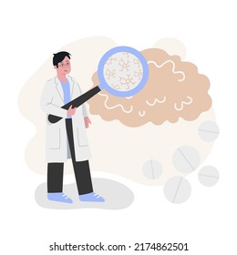 A doctor in glasses stands with a magnifying glass and looks at the bacteria, the background of the pills and the brain