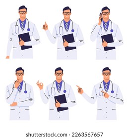 Doctor in glasses and with a stethoscope with different gestures and poses. Portrait of a medic in a white coat isolated.  Shows thumb up, OK, calls, thinks, points with index fingers. Flat vector.