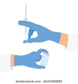 Doctor in gloves holding sterile needle and vaccine bottle for injection, anesthesia delivery, medical treatment. Injecting cosmetic filler. Medical worker filling syringe with vaccine booster