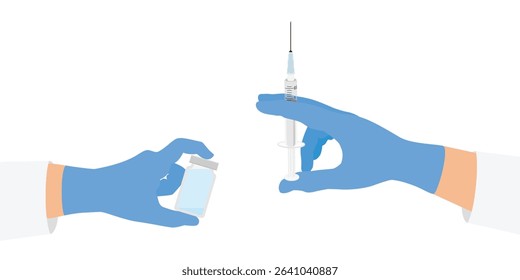 Doctor in gloves holding sterile needle and vaccine bottle for injection, anesthesia delivery, medical treatment. Injecting cosmetic filler. Medical worker filling syringe with vaccine booster