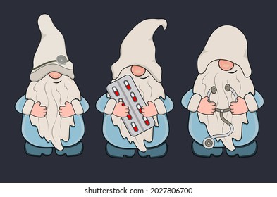 Doctor Gnomes with pills and tools in their hands. Vector illustration