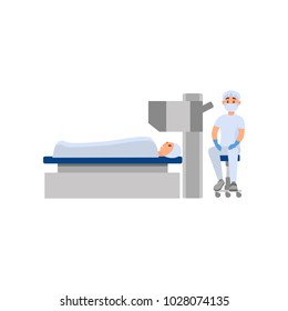 Doctor going to do operation on eye with using of ophthalmic microscope. Patient lying on surgical table. Medical worker in uniform protective mask. Flat vector design