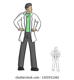 doctor in gown with arms akimbo vector illustration sketch doodle hand drawn with black lines isolated on white background