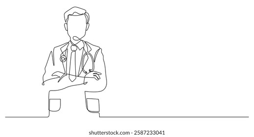 doctor with gown, stethoscope arms crossed pose one line drawing continuous hand drawn minimalist art