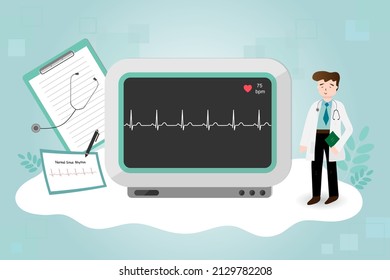 The doctor in gown uniform is standing beside vital sign monitor that show electrocardiogram (EKG ,ECG) normal sinus rhythm and heart rate.Medical healthcare.Vector.Illustration.