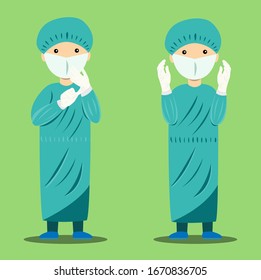 Doctor in green surgical gown wearing mask,hairnet and rubber gloves showing his hands preparing to surgery vector