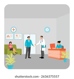 A doctor greeting a patient in a brightly lit clinic reception area. The scene includes a receptionist at a desk and another patient seated in a waiting area. Hospital medical staff concept.