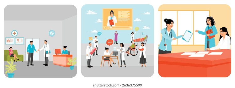A doctor greeting a patient in a brightly lit clinic reception area. Healthcare professionals in a medical setting providing patient. Discuss medical tactics. Hospital medical staff concept.