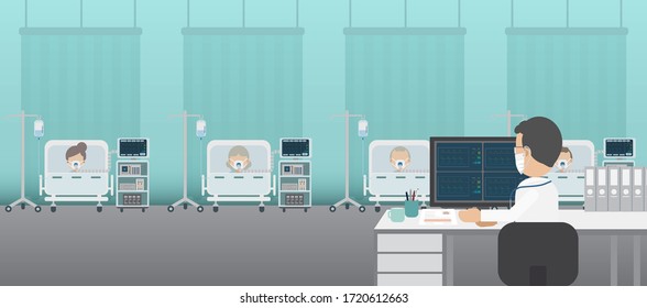 Doctor with group of critical patients and ventilators flat design vector illustration