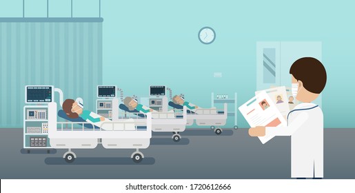 Doctor with group of critical patients and ventilators flat design vector illustration